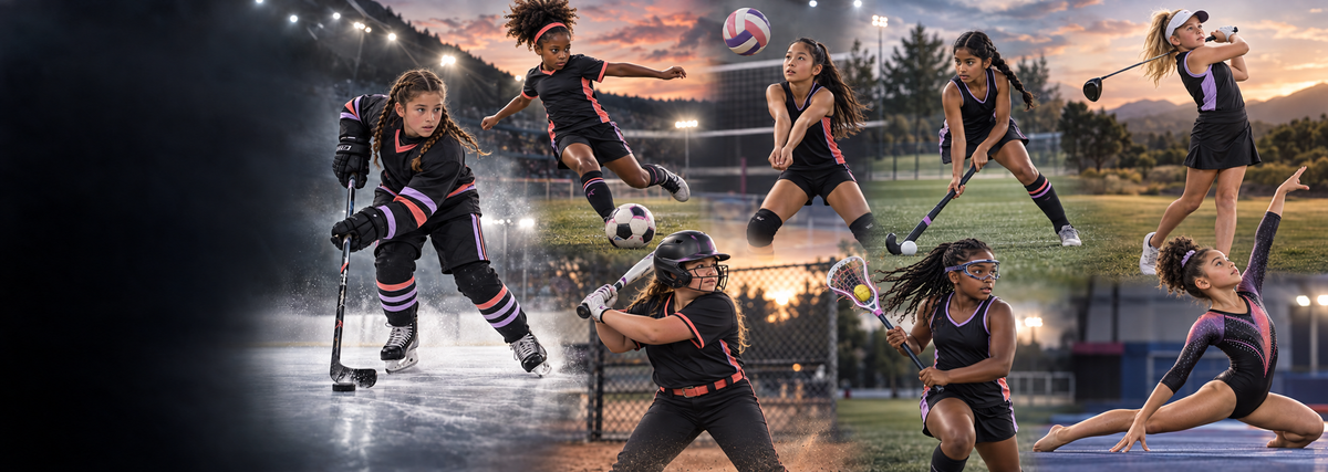 Diverse girls competing in hockey, soccer, volleyball, field hockey, golf, softball, lacrosse and gymnastics